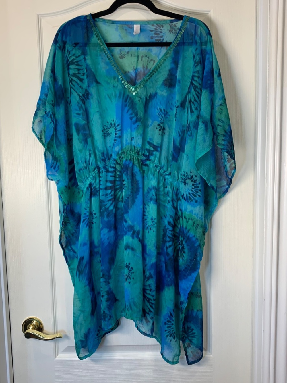 Blue & Teal Tie-Dye Beach Cover-Up Tunic Lightweight Flowy L